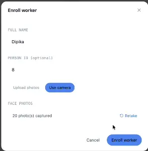 Enrol worker dialog with full name, person ID and 20 face photos captured